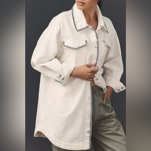 NWT Anthropologie Tillie Relaxed Denim Whipstitch Shacket COTTAGECORE, Size XS - Picture 3 of 8